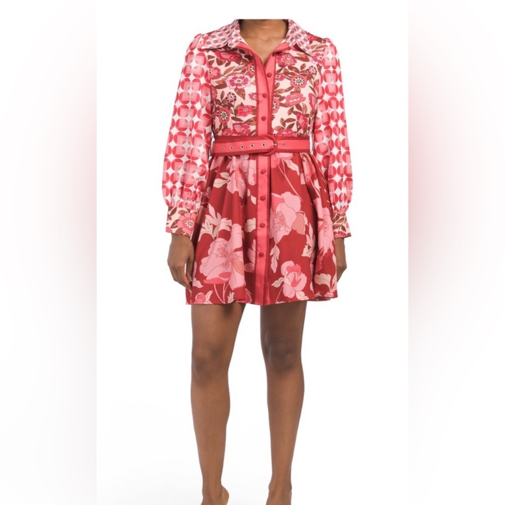 DALIA MACPHEE Red Multicolor Long Sleeve Geo Floral Shirt Dress With Belt Large